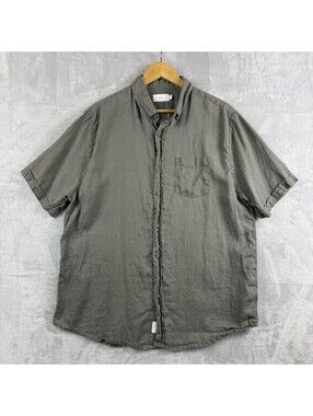 Onia 100% Linen Button Up Shirt Olive Short Sleeve Casual Men Large Resort Beach